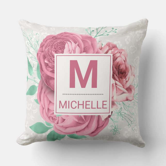 Beautiful Pink Garden Rose Monogram Kissen (Vorderseite)