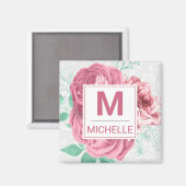 Beautiful Pink Garden Rose Monogram Magnet (Vorderseite/Rückseite)