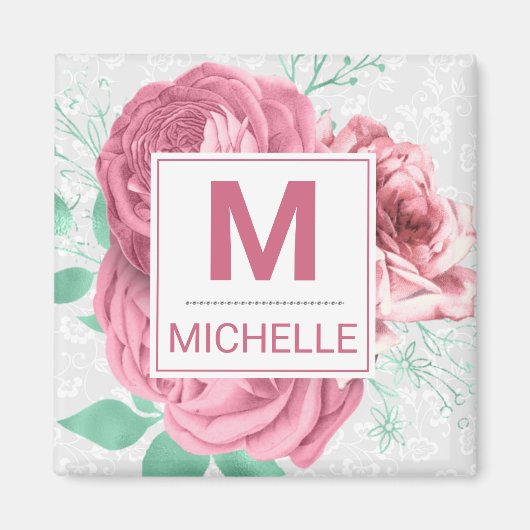 Beautiful Pink Garden Rose Monogram Magnet (Vorne)