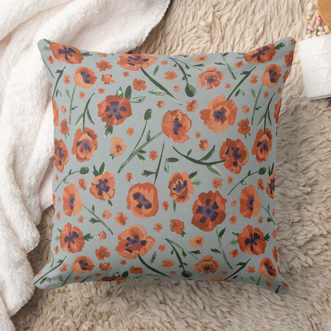 Beautiful Poppies Orange Kissen (Exquisite Hand-Painted Orange Oriental Poppies Throw Pillow from Studio Posies)