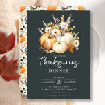 Beautiful Pumpkin Floral Thanksgiving Einladung<br><div class="desc">This modern elegant Thanksgiving dinner invitation features beautiful pumpkin floral artwork set on a dark green background. The invitation is simple and stylish, with the date, time, and location of the dinner in a tasteful font. The pumpkin floral artwork adds a touch of whimsy and fun, and the green background...</div>