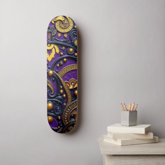Beautiful Purple Black Gold Floral Abstract Skateboard (Wandkunst)