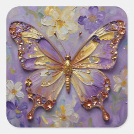 Beautiful Purple Butterfly and Flowers Quadratischer Aufkleber