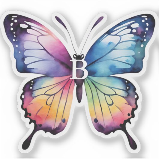 Beautiful Rainbow Butterfly Name Monogram Aufkleber (Vorderseite)
