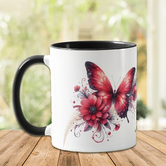 Beautiful Red Fantasy Floral Butterfly Tasse