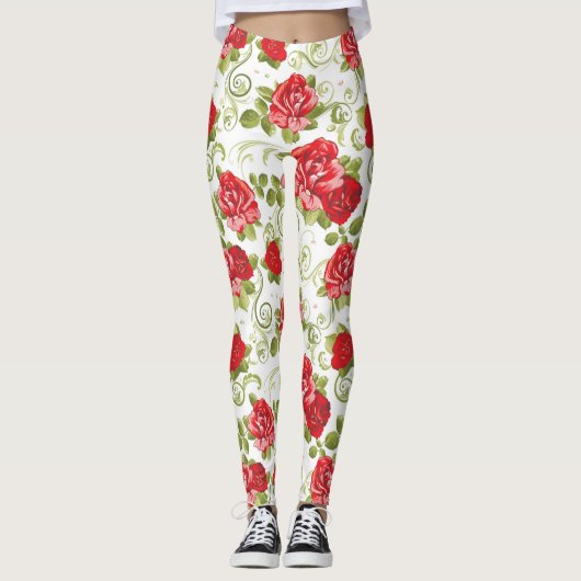 Beautiful Red Floral Rose Pattern Leggings (Vorderseite)