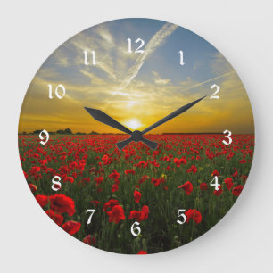 Beautiful Red Poppy Field Sunset Photography Große Wanduhr