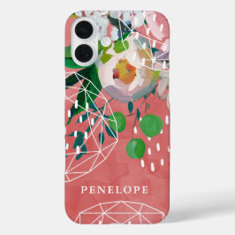 Beautiful Red Vibranly Floral Geometric mit Name iPhone 16 Plus Hülle