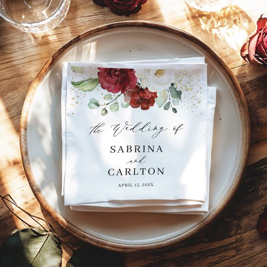 Beautiful Red White Floral Gold Confetti Wedding Serviette