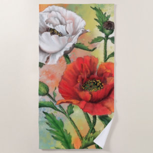 Beautiful Red White Poppy Beach Towel Painting Strandtuch