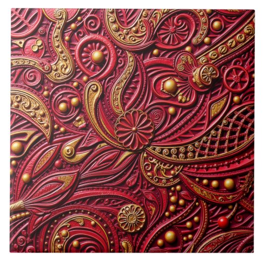 Beautiful Ruby Red & Gold Floral Abstract Fliese (Vorderseite)