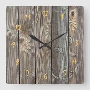 Beautiful rustic anchor on authentic looking wood quadratische wanduhr