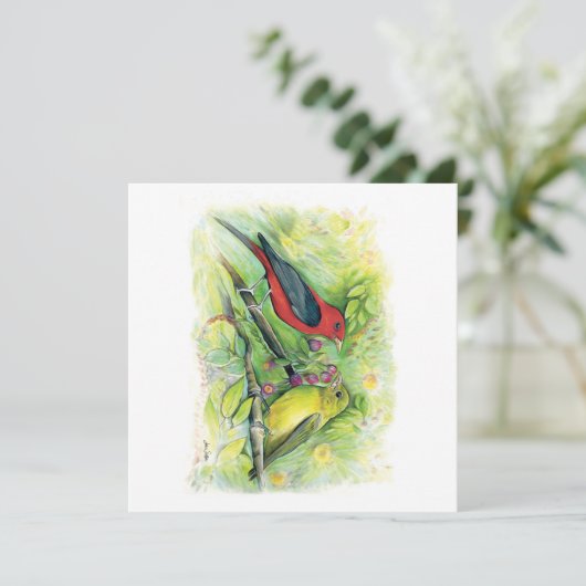 Beautiful Scarlet Tanager Couple Note Card (Stehend Vorderseite)