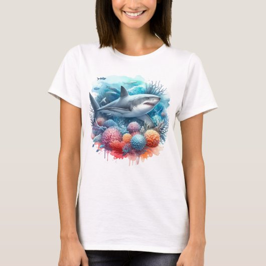 BEAUTIFUL SHARK IN OCEAN WITH FISH AND CORAL T-Shirt (Vorderseite)