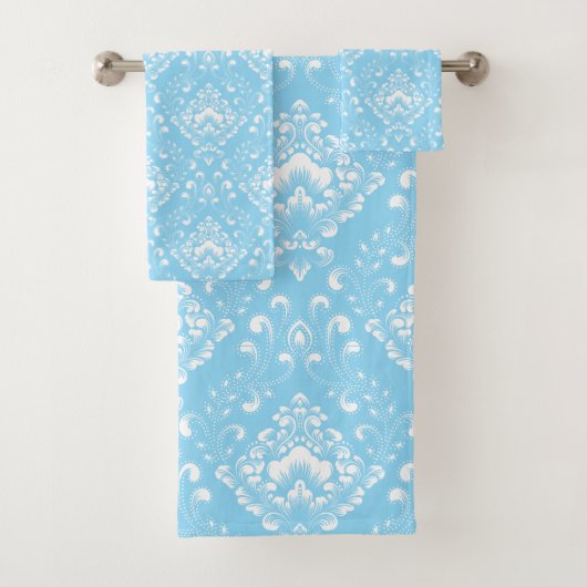 Beautiful sky blue and white floral pattern badhandtuch set (Insitu)