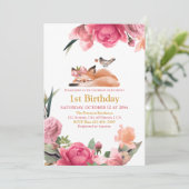 Beautiful Sleepy Fox und Blume 1. Geburtstag Einladung (Stehend Vorderseite)