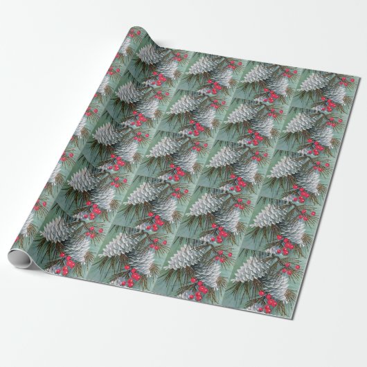 Beautiful Snowy Pine Cones Pine Branches Red Berry Geschenkpapier (Ungerollt)