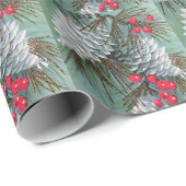 Beautiful Snowy Pine Cones Pine Branches Red Berry Geschenkpapier (Rolleneckpunkt)