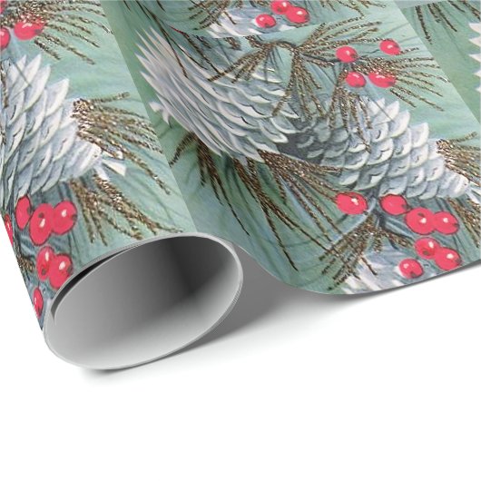 Beautiful Snowy Pine Cones Pine Branches Red Berry Geschenkpapier (Rolleneckpunkt)