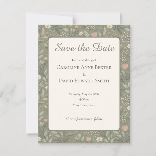 Beautiful Soft Flowers on Sage Green Muted Earthy Save The Date (Vorderseite)