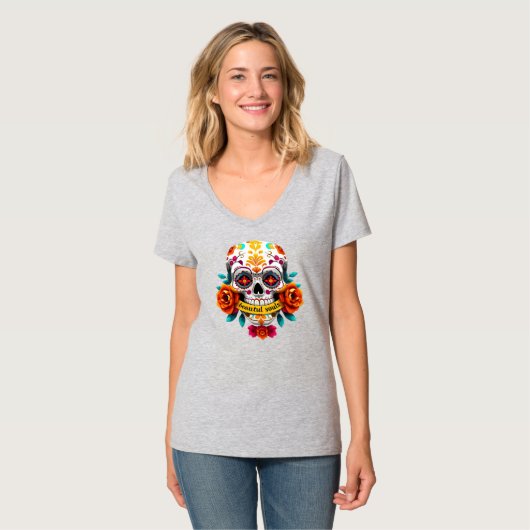 Beautiful Souls Sugar Skull Rose Banner Art T-Shirt (Vorderseite Vollansicht)