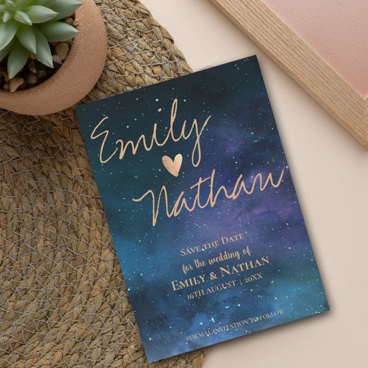 Beautiful Starry Night Gold Typography Wedding Save The Date