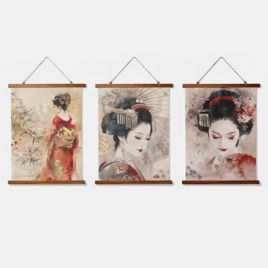 Beautiful Stehend Geisha Wandteppich Mit Holzrahmen (Dreifach)