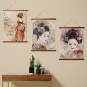 Beautiful Stehend Geisha Wandteppich Mit Holzrahmen