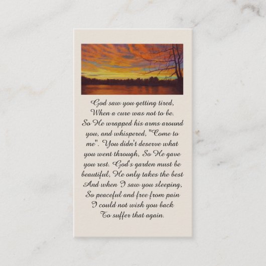 Beautiful Sunset on a Lake Memorial Prayer Card Visitenkarte (Vorderseite)