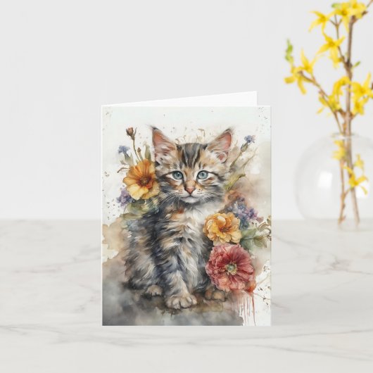 Beautiful Tabby Cat Blume Blank Gruß Karte (Gelbe Blume)