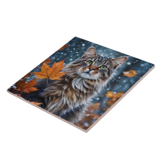 Beautiful Tabby Cat Herbstlaubs Portrait Fliese (Seite)