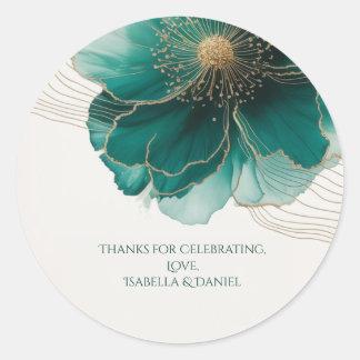 Beautiful Teal Floral Gold Wedding Runder Aufkleber