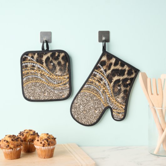 Beautiful Trendy Leopard Imitate Animal Print Ofenhandschuh & Topflappen-Set (Insitu (Hängend))