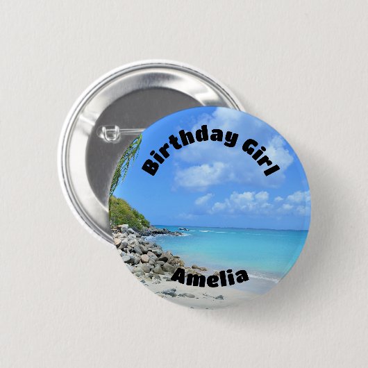 Beautiful Turquoise Tropical Beach Birthday Girl Button (Vorne & Hinten)