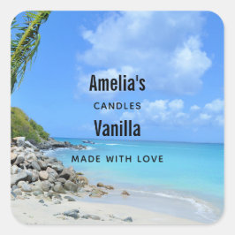 Beautiful Turquoise Tropical Beach Candle Business Quadratischer Aufkleber