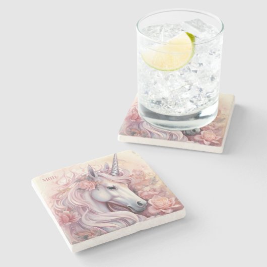 Beautiful Unicorn Custom Monogram Steinuntersetzer (Seitenansicht)