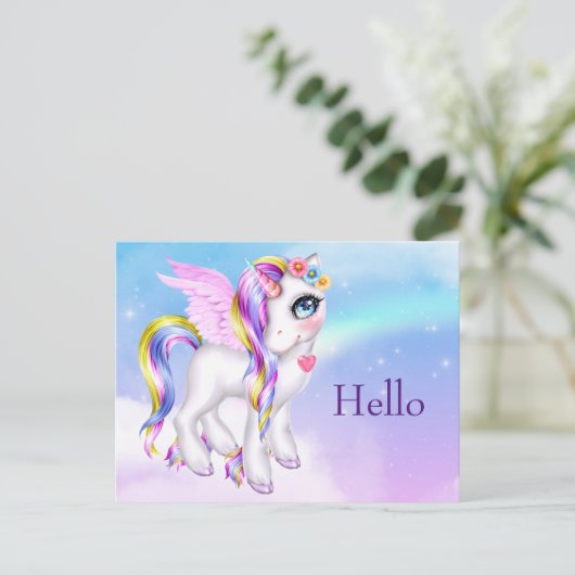 Beautiful Unicorn mit Rainbow Mane & Schwanz Hallo Postkarte (Stehend Vorderseite)