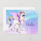 Beautiful Unicorn mit Rainbow Mane & Schwanz Hallo Postkarte (Vorne/Hinten)