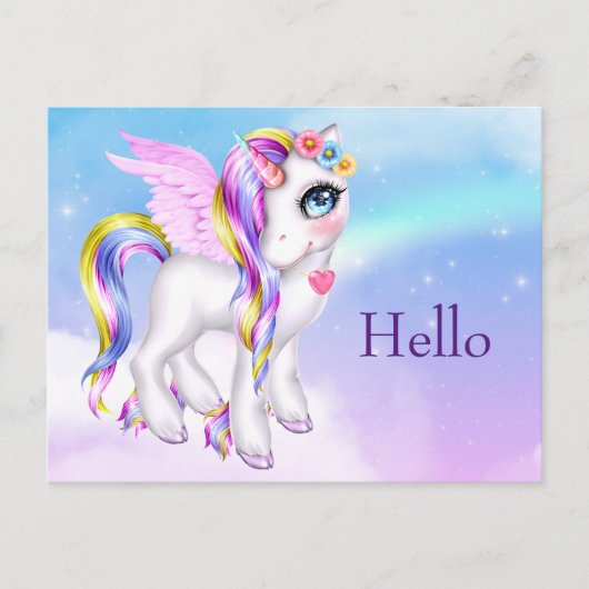 Beautiful Unicorn mit Rainbow Mane & Schwanz Hallo Postkarte (Vorderseite)