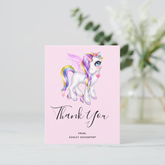Beautiful Unicorn mit Rainbow Mane Vielen Dank Postkarte (Stehend Vorderseite)