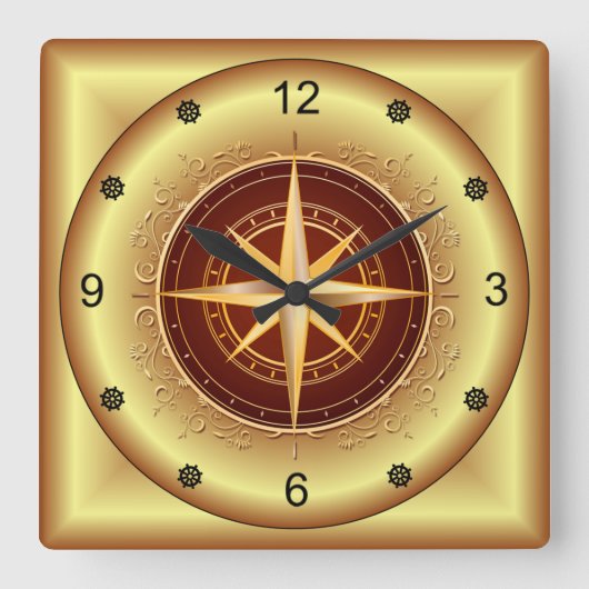 Beautiful Unique Gold & Maroon Compass ~ Quadratische Wanduhr (Vorderseite)