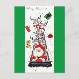 Beautiful Vintage Mid Century Santa & Reindeer Feiertagspostkarte
