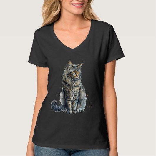 Beautiful Watercolor Maine Coon cat Portrait T-Shirt (Vorderseite)