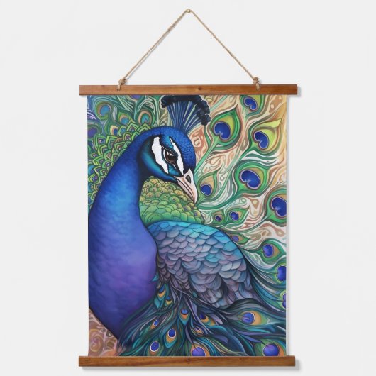 Beautiful Watercolor Peacock Wandteppich Mit Holzrahmen (Vorderseite)