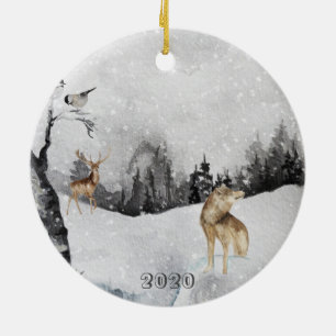 Beautiful Watercolor Wolf Snow Deer Landscape Keramik Ornament