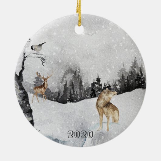 Beautiful Watercolor Wolf Snow Deer Landscape Keramik Ornament (Hinten)