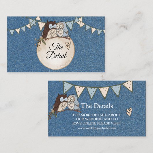 Beautiful Wedding Blue Brown Owl Glitter Detail Begleitkarte (Vorne/Hinten)