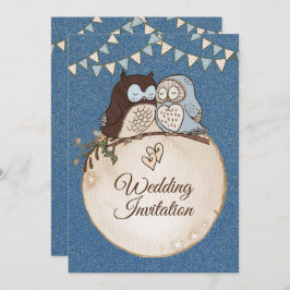 Beautiful Wedding Blue Brown Owl Glitter Einladung