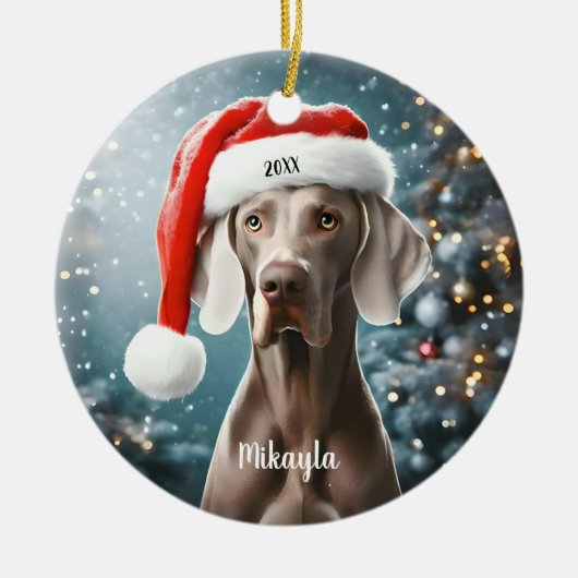 Beautiful Weimaraner with Santa Hat Christmas Keramik Ornament (Vorne)