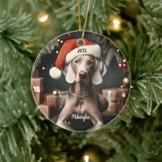 Beautiful Weimaraner with Santa Hat Christmas Keramik Ornament